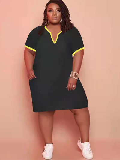 ZJFZML ZZ Liela izmēra kleitas Vairumtirdzniecība Vienkāršas vasaras īsās piedurknes ar dziļu V kakla izgriezumu, dubultkabatas T-krekls Mini Vestidos Dropshipping