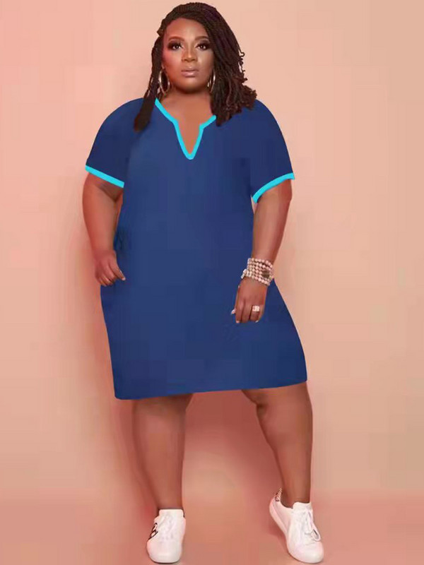 ZJFZML ZZ Liela izmēra kleitas Vairumtirdzniecība Vienkāršas vasaras īsās piedurknes ar dziļu V kakla izgriezumu, dubultkabatas T-krekls Mini Vestidos Dropshipping