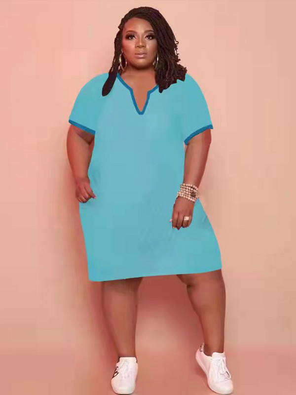 ZJFZML ZZ Liela izmēra kleitas Vairumtirdzniecība Vienkāršas vasaras īsās piedurknes ar dziļu V kakla izgriezumu, dubultkabatas T-krekls Mini Vestidos Dropshipping