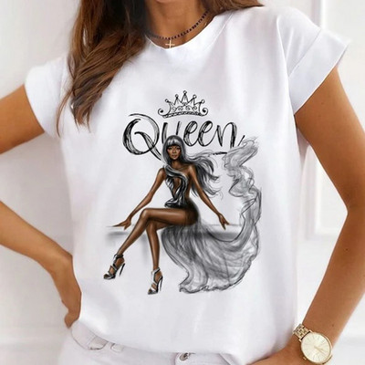 Sieviešu modes topi Vasaras modernas meiteņu rozes karalienes ar burtu apdruku Sieviešu ikdienas T-krekls Brīvi īsām piedurknēm balti pamata T-krekli
