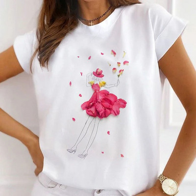 Sieviešu modes topi Vasaras modernas meiteņu rozes karalienes ar burtu apdruku Sieviešu ikdienas T-krekls Brīvi īsām piedurknēm balti pamata T-krekli