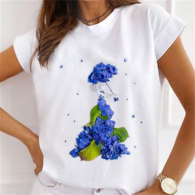 Καλοκαιρινό καινούργιο κοντομάνικο μπλουζάκι Γυναικεία μόδα casual φαρδιά μπλουζάκια με στρογγυλό γιακά λουλούδι μπλουζάκι με πεταλούδα