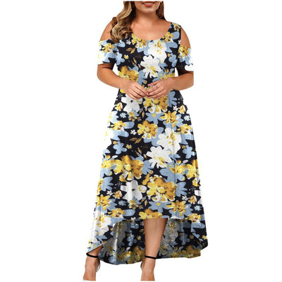 vestidos de mujer casual 2022 Plus Size Γυναικεία στρογγυλή λαιμόκοψη κοντό μανίκι εκτός ώμου Φόρεμα με φλοράλ στάμπα