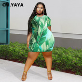 CM.YAYA Plus Size Γυναικεία στάμπα φύλλων με κοντό μανίκι με λαιμόκοψη O-λαιμόκοψη Μίνι φόρεμα με κορμάκι 2022 Καλοκαιρινά κομψά σέξι φορέματα για πάρτι