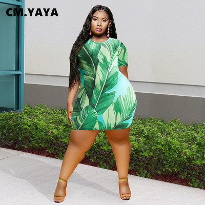 CM.YAYA Plus Size Γυναικεία στάμπα φύλλων με κοντό μανίκι με λαιμόκοψη O-λαιμόκοψη Μίνι φόρεμα με κορμάκι 2022 Καλοκαιρινά κομψά σέξι φορέματα για πάρτι
