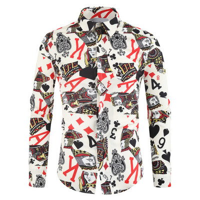 Alkalmi 3D játékkártya nyomtatott ing Férfi Divattervezés Hosszú ujjú Basic Camisas Hombre Luxus Party Férfi virágos blúz ingek