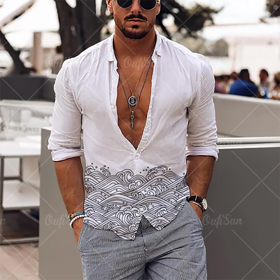 2022. 3D Jednostavan ležeran print Muške košulje dugih rukava Havajske košulje na rever Ulična odjeća Nova muška odjeća Široke majice za muškarce