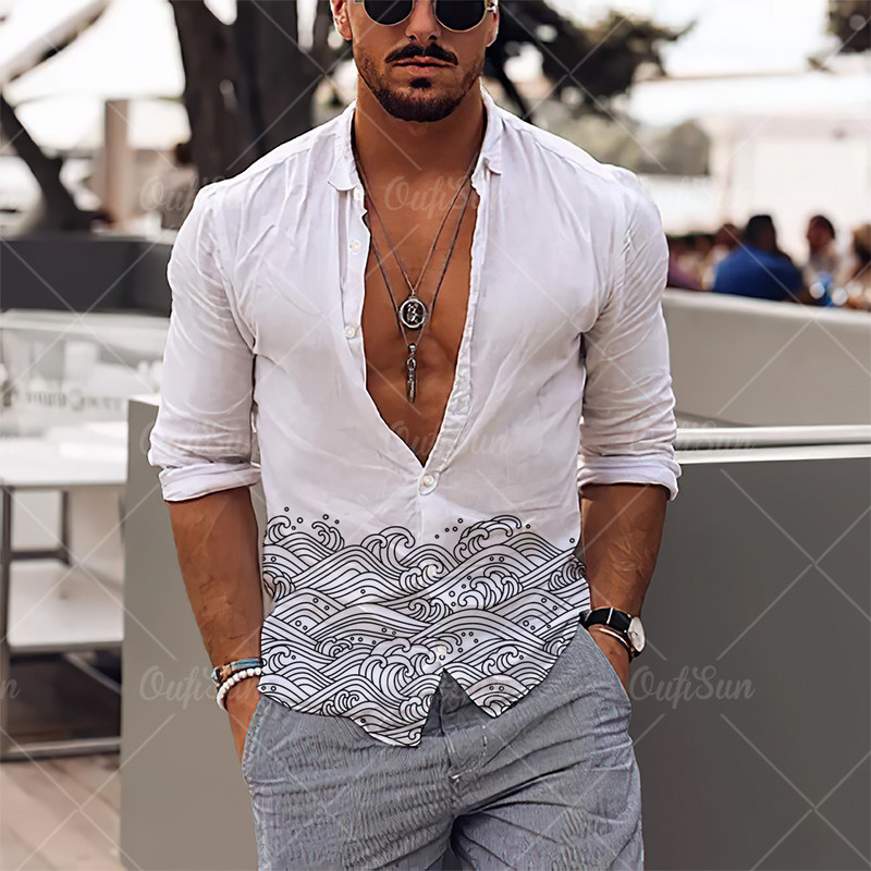 2022. 3D Jednostavan ležeran print Muške košulje dugih rukava Havajske košulje na rever Ulična odjeća Nova muška odjeća Široke majice za muškarce