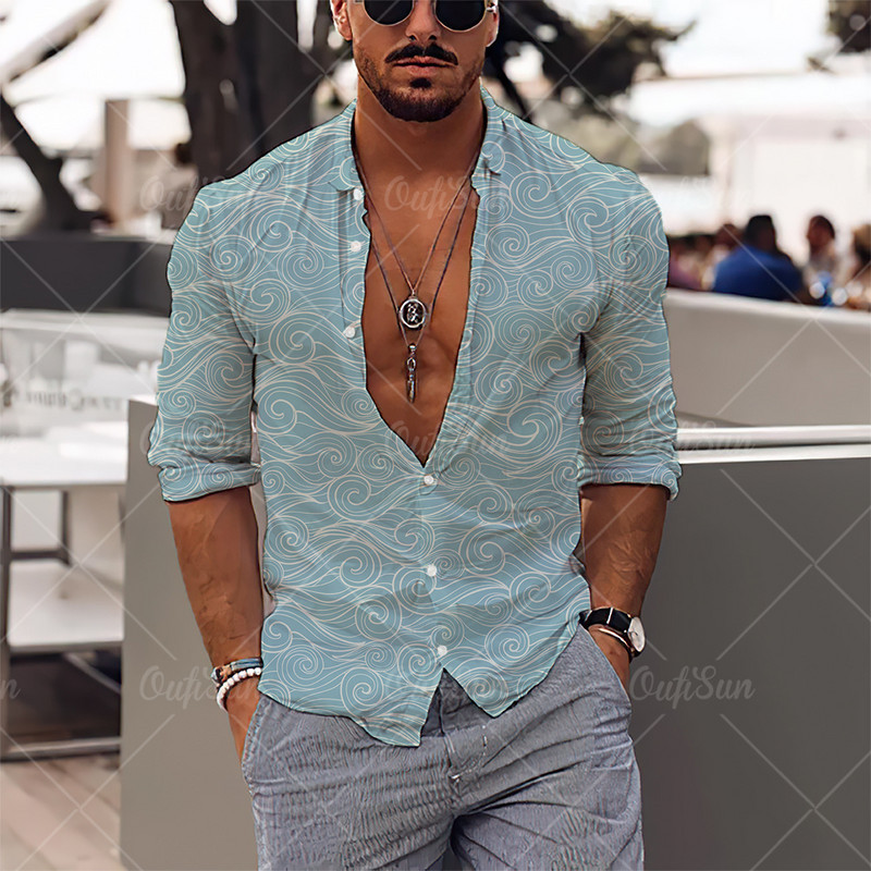2022. 3D Jednostavan ležeran print Muške košulje dugih rukava Havajske košulje na rever Ulična odjeća Nova muška odjeća Široke majice za muškarce