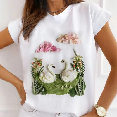 Női divatos felsők Nyári Gyönyörű Lány Rúzs Virágnyomásos Alkalmi póló Bő, Rövid ujjú Fehér Alappólók