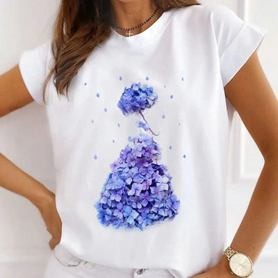 Női divatos felsők Nyári Gyönyörű Lány Rúzs Virágnyomásos Alkalmi póló Bő, Rövid ujjú Fehér Alappólók