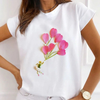 Női divatos felsők Nyári Gyönyörű Lány Rúzs Virágnyomásos Alkalmi póló Bő, Rövid ujjú Fehér Alappólók