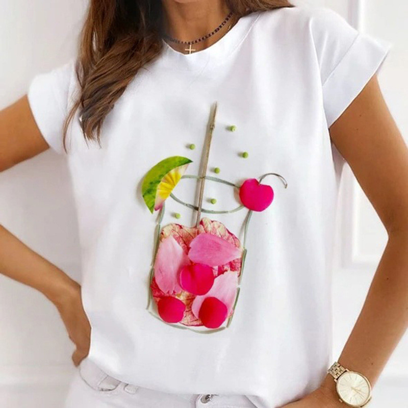 Női divatos felsők Nyári Gyönyörű Lány Rúzs Virágnyomásos Alkalmi póló Bő, Rövid ujjú Fehér Alappólók