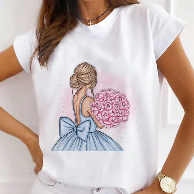 Női divatos felsők Nyári Gyönyörű Lány Rúzs Virágnyomásos Alkalmi póló Bő, Rövid ujjú Fehér Alappólók