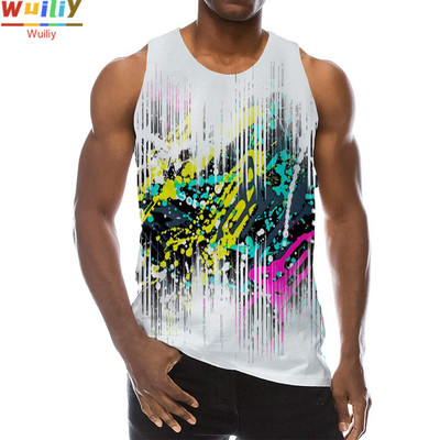 Meeste graafiline ümara kaelusega 3D-prindiga varrukateta igapäevase tekstuuriga topid Meeste valged ja mustad riided triibuline hip-hop vest meestele
