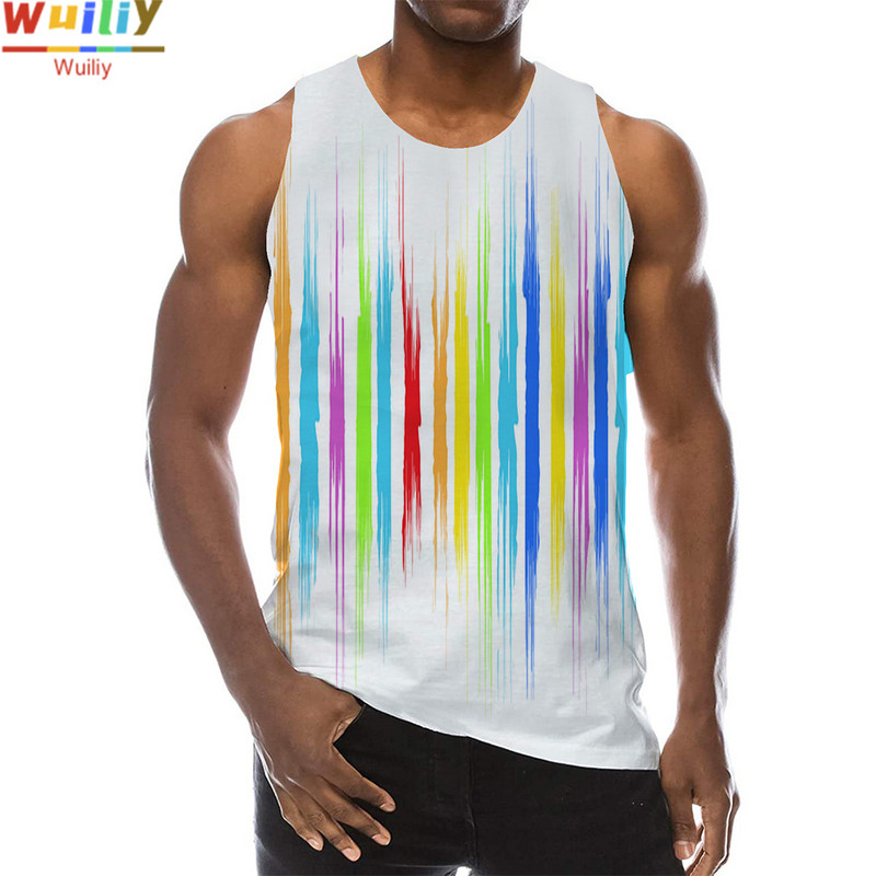 Meeste graafiline ümara kaelusega 3D-prindiga varrukateta igapäevase tekstuuriga topid Meeste valged ja mustad riided triibuline hip-hop vest meestele