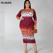 HLJ&GG Gradient Leopard Print Plus Size Γυναικείο φόρεμα για πάρτι μόδας Σέξι με ψηλό λαιμό μακρυμάνικο πακέτο Hip φόρεμα Skinny φορέματα