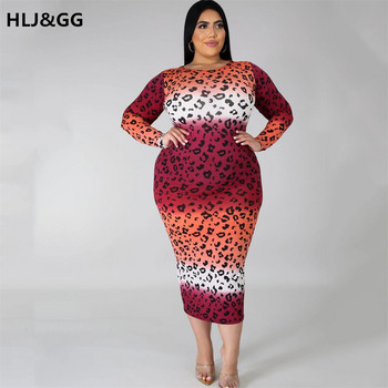 HLJ&GG Gradient Leopard Print Plus Size Γυναικείο φόρεμα για πάρτι μόδας Σέξι με ψηλό λαιμό μακρυμάνικο πακέτο Hip φόρεμα Skinny φορέματα