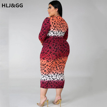 HLJ&GG Gradient Leopard Print Plus Size Γυναικείο φόρεμα για πάρτι μόδας Σέξι με ψηλό λαιμό μακρυμάνικο πακέτο Hip φόρεμα Skinny φορέματα