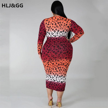 HLJ&GG Gradient Leopard Print Plus Size Γυναικείο φόρεμα για πάρτι μόδας Σέξι με ψηλό λαιμό μακρυμάνικο πακέτο Hip φόρεμα Skinny φορέματα