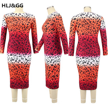 HLJ&GG Gradient Leopard Print Plus Size Γυναικείο φόρεμα για πάρτι μόδας Σέξι με ψηλό λαιμό μακρυμάνικο πακέτο Hip φόρεμα Skinny φορέματα