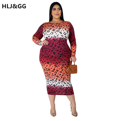 HLJ&GG Gradient Leopard Print Plus Size Γυναικείο φόρεμα για πάρτι μόδας Σέξι με ψηλό λαιμό μακρυμάνικο πακέτο Hip φόρεμα Skinny φορέματα