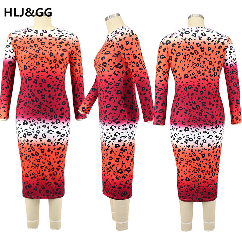 HLJ&GG Gradient Leopard Print Plus Size Γυναικείο φόρεμα για πάρτι μόδας Σέξι με ψηλό λαιμό μακρυμάνικο πακέτο Hip φόρεμα Skinny φορέματα