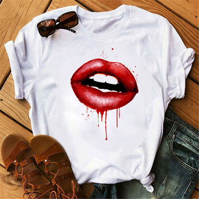 Μοντάλ Λευκό Χρώμα κοντά μανίκια Tees Σέξι χείλη με εμπριμέ O-neck Casual Tshirt Γυναικεία καλοκαιρινά μπλουζάκια ελεύθερου χρόνου