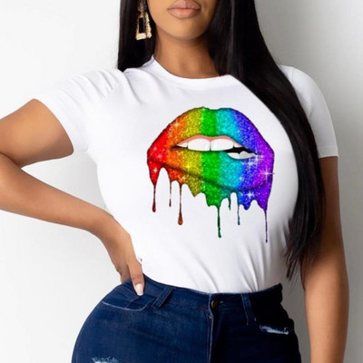 Μοντάλ Λευκό Χρώμα κοντά μανίκια Tees Σέξι χείλη με εμπριμέ O-neck Casual Tshirt Γυναικεία καλοκαιρινά μπλουζάκια ελεύθερου χρόνου