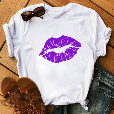 Μοντάλ Λευκό Χρώμα κοντά μανίκια Tees Σέξι χείλη με εμπριμέ O-neck Casual Tshirt Γυναικεία καλοκαιρινά μπλουζάκια ελεύθερου χρόνου