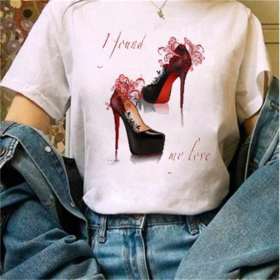 Μόδα φαρδιά καλοκαιρινά μπλουζάκια ψηλοτάκουνα λουλουδάτο γραφικό μπλουζάκι για γυναίκες Μοντάλ μπλουζάκια με κοντό μανίκι με στρογγυλή λαιμόκοψη