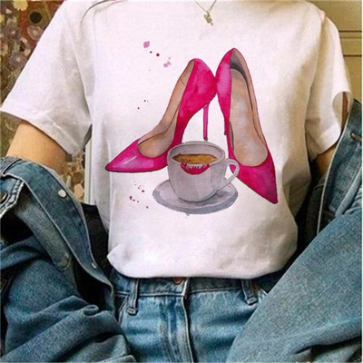 Μόδα φαρδιά καλοκαιρινά μπλουζάκια ψηλοτάκουνα λουλουδάτο γραφικό μπλουζάκι για γυναίκες Μοντάλ μπλουζάκια με κοντό μανίκι με στρογγυλή λαιμόκοψη