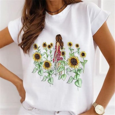 Μοντάλ μακιγιάζ γραφικό μπλουζάκι μόδας Καλοκαιρινό καθημερινό γυναικείο μπλουζάκι Sunflower Streetwear κοντομάνικο μπλουζάκι