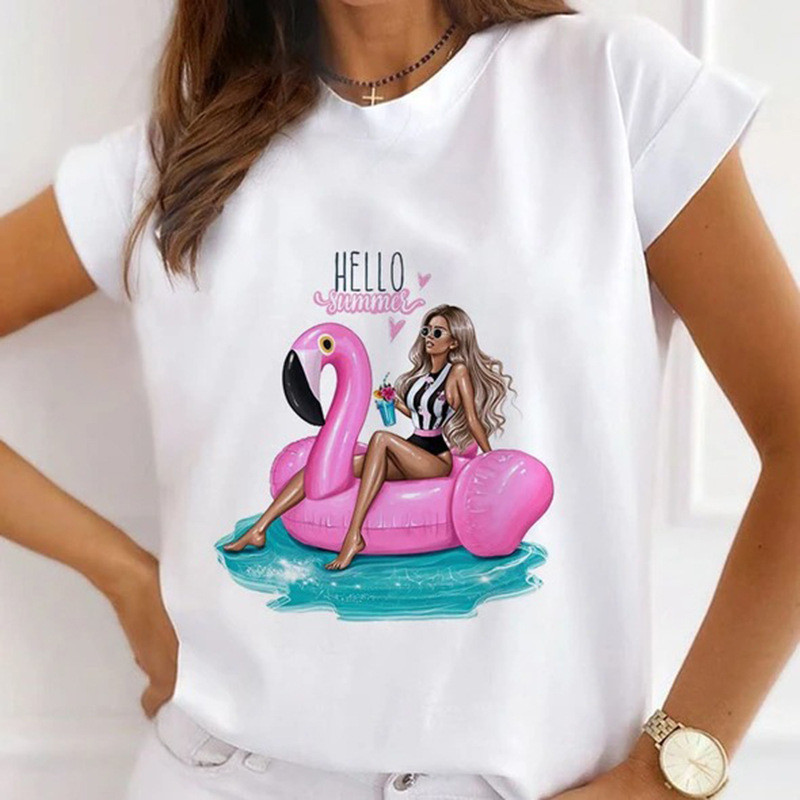 Ljetna ženska majica s okruglim izrezom, široka, udobna majica s kratkim rukavima, lijepa djevojka, majice s printom cvijeća i leptira