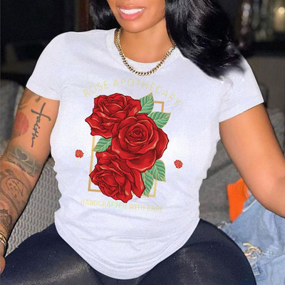 Modes burtu rožu sirds grafisks T-krekls sievietēm balts brīvs vasaras topi Modāls apaļa kakla ar īsām piedurknēm T-krekli