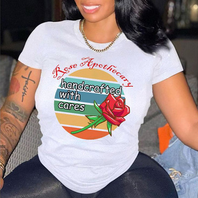 Modes burtu rožu sirds grafisks T-krekls sievietēm balts brīvs vasaras topi Modāls apaļa kakla ar īsām piedurknēm T-krekli