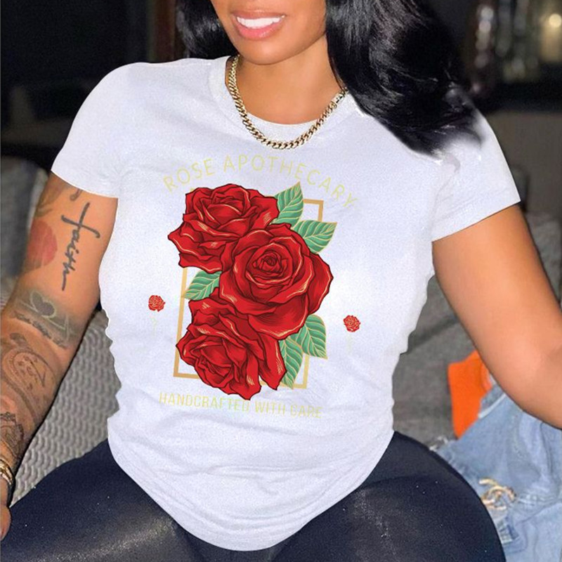 Modes burtu rožu sirds grafisks T-krekls sievietēm balts brīvs vasaras topi Modāls apaļa kakla ar īsām piedurknēm T-krekli