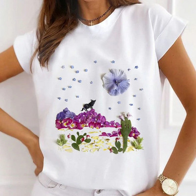 Sieviešu brīvi vasaras topi augstpapēžu kurpes ar ziedu pāri Balonu grafiski krekli Sieviešu T-krekli ar īsām piedurknēm ar modālu O kakla izgriezumu