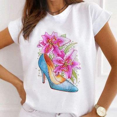 Sieviešu brīvi vasaras topi augstpapēžu kurpes ar ziedu pāri Balonu grafiski krekli Sieviešu T-krekli ar īsām piedurknēm ar modālu O kakla izgriezumu