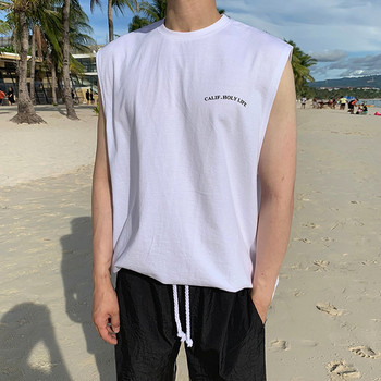 Ανδρικό γιλέκο με στάμπα, καλοκαιρινό περιστασιακό φανελάκι παραλίας Κορέας Μόδα αμάνικα πουκάμισα Ανδρικό φαρδύ εσώρουχο 100% βαμβακερά μπλουζάκια χιπ χοπ