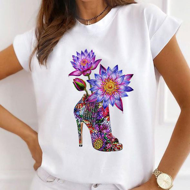 Sieviešu tauriņš ar ziedu apdruku Harajuku vasaras Tkrekli Ikdienas Tkrekls ar apaļu kaklu ar īsām piedurknēm Sieviešu T-krekls Drop Ship