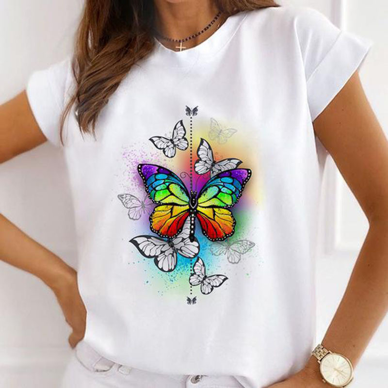 Sieviešu tauriņš ar ziedu apdruku Harajuku vasaras Tkrekli Ikdienas Tkrekls ar apaļu kaklu ar īsām piedurknēm Sieviešu T-krekls Drop Ship