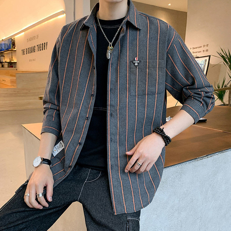 Μόδα εμπριμέ τσέπες με ριγέ Πουκάμισο Ανδρικά Ρούχα 2022 Φθινόπωρο Νέα Oversized Loose Casual Μπλουζάκια Παντός αγώνα Κορεατικά πουκάμισα