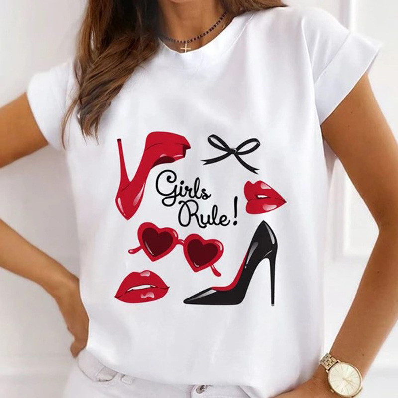 Szexi ajkak magas sarkú nyomott pólók nőknek Új nyári grafikai pólók Vicces ingek Női pólók Bő nyakú Harajuku felsők