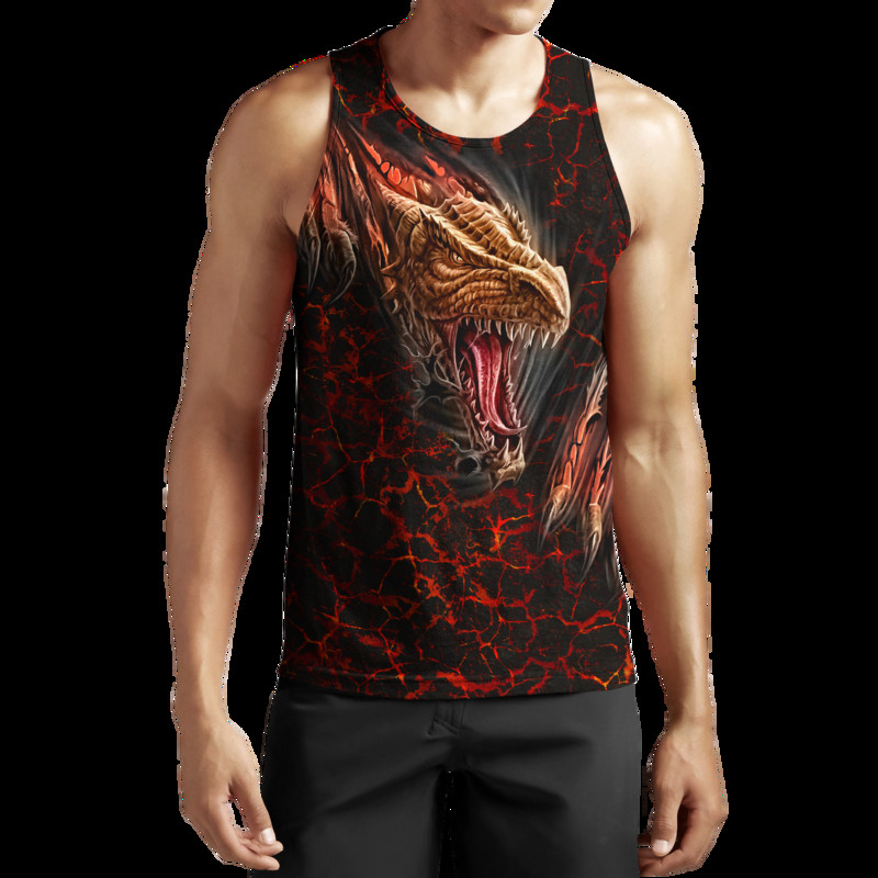 Lava Dragon Pattern 3D Visur Printed Vīriešu veste Vasaras Harajuku T-krekls Bez piedurknēm Unisex Ikdienas poliestera topi BX-58