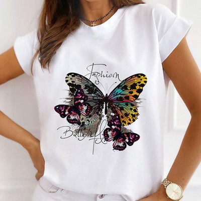 Νέα καλοκαιρινά εμπριμέ γυναικεία μπλουζάκια Γυναικεία φαρδιά μπλουζάκια με φλοράλ φτερά πεταλούδας γραφικά O λαιμόκοψη κοντομάνικα μπλουζάκια