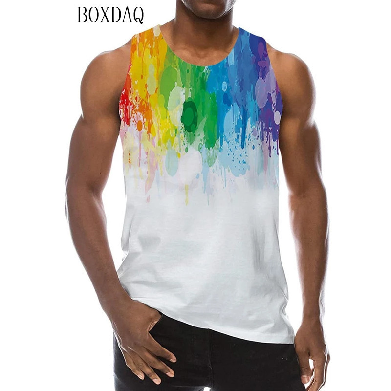 Piesaites krāsas vīriešu tvertni vasaras bez piedurknēm ar apaļu kaklu ielas stila vīriešu topi 3D gradienta drukas brīva ikdienas veste 6XL liela izmēra tops