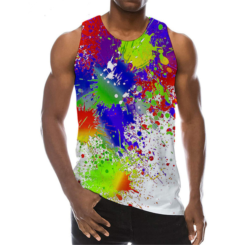 Piesaites krāsas vīriešu tvertni vasaras bez piedurknēm ar apaļu kaklu ielas stila vīriešu topi 3D gradienta drukas brīva ikdienas veste 6XL liela izmēra tops