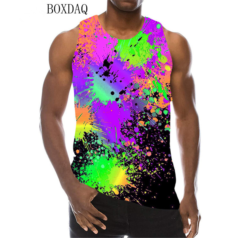 Piesaites krāsas vīriešu tvertni vasaras bez piedurknēm ar apaļu kaklu ielas stila vīriešu topi 3D gradienta drukas brīva ikdienas veste 6XL liela izmēra tops