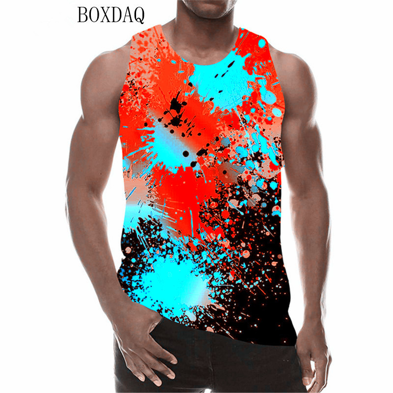Piesaites krāsas vīriešu tvertni vasaras bez piedurknēm ar apaļu kaklu ielas stila vīriešu topi 3D gradienta drukas brīva ikdienas veste 6XL liela izmēra tops